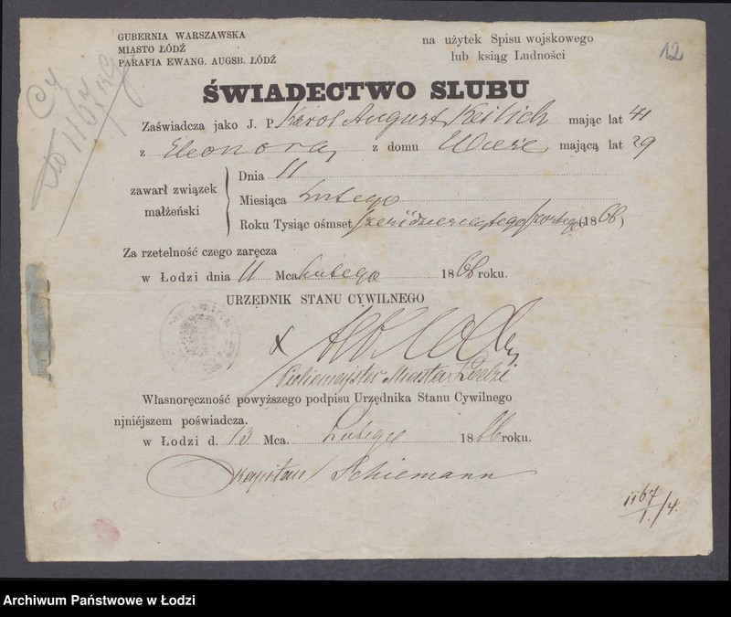 Obraz 14 z jednostki "Dowody metrykalne stałych mieszkańców m. Łodzi nr domu 1167-1168"