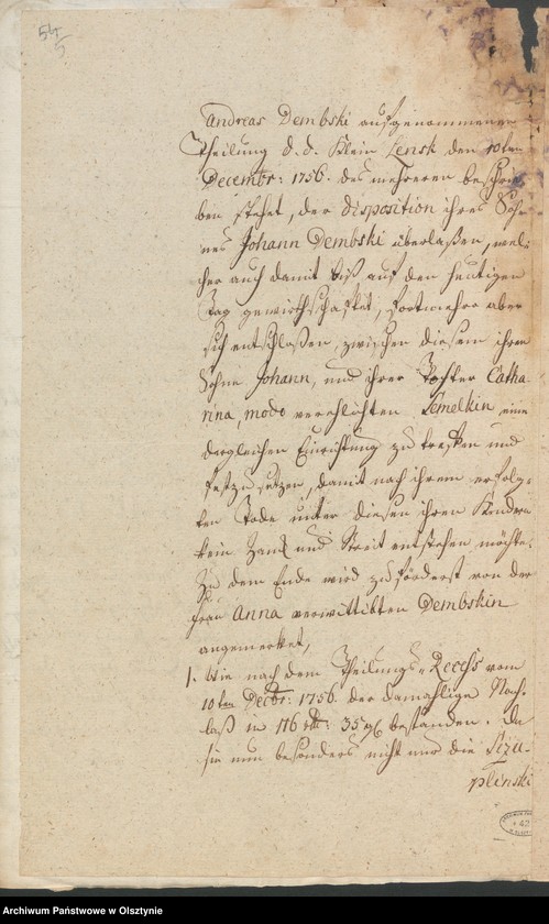 image.from.unit.number "In S. [Sachen] der Wittwe des verstorbenen Andreas Dembski Anna geb. [geborene] Sbilitzkin/ Zbilitzkin wegen der ihrem leibl. [leibliche] Sohn dem Johann Dembski erb und eigenthümlich überlassenen 1 1/2 adel. [adeliche] Hube zu Kl. [Klein] Lentzko [Mały Łęck]"
