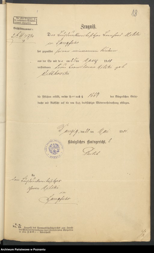 Obraz 20 z jednostki "Die von den Verlobten beigebrachten Urkunden zur Eheschliessung pro 1901. Vol IX"