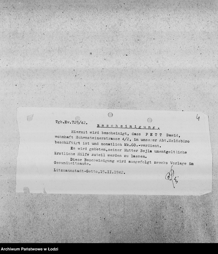 Obraz 7 z jednostki "[Kopie zaświadczeń dla pracowników Wydziałów Ewidencji o zatrudnieniu, wysokości poborów, potrąceniach za komorne, przydziałach żywnościowych i inne]"