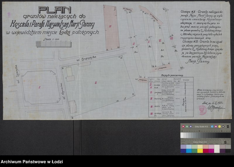 Obraz 1 z jednostki "Plan gruntów należących do Kościoła i Parafji Najświętszej Marji Panny w wojewódzkim mieście Łodzi położonych"