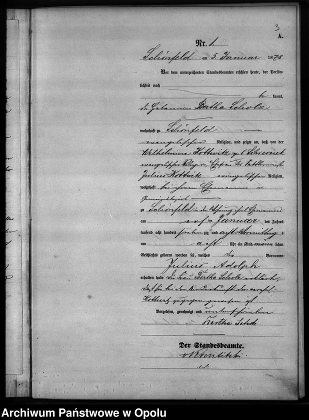 Obraz 4 z jednostki "Geburts-Haupt-Register Standesamts Schönfeld pro 1878"