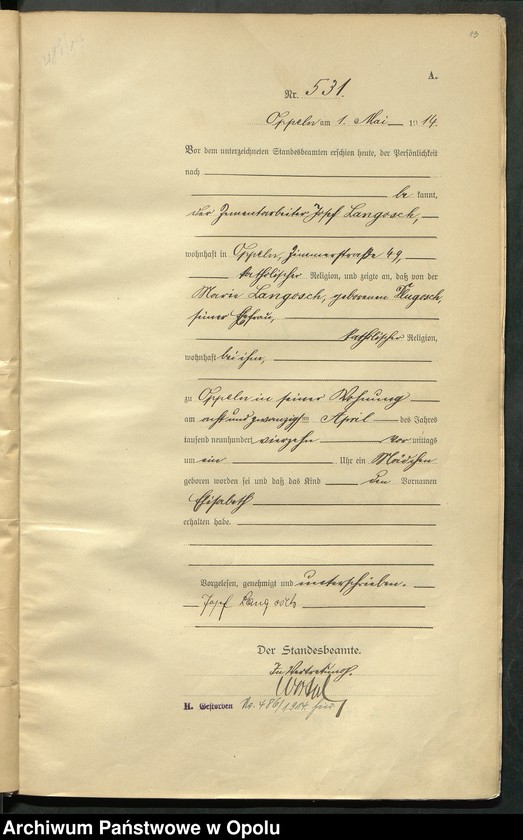 Obraz 17 z jednostki "Urząd Stanu Cywilnego Opole Księga Urodzeń Rok 1914 520-1033"