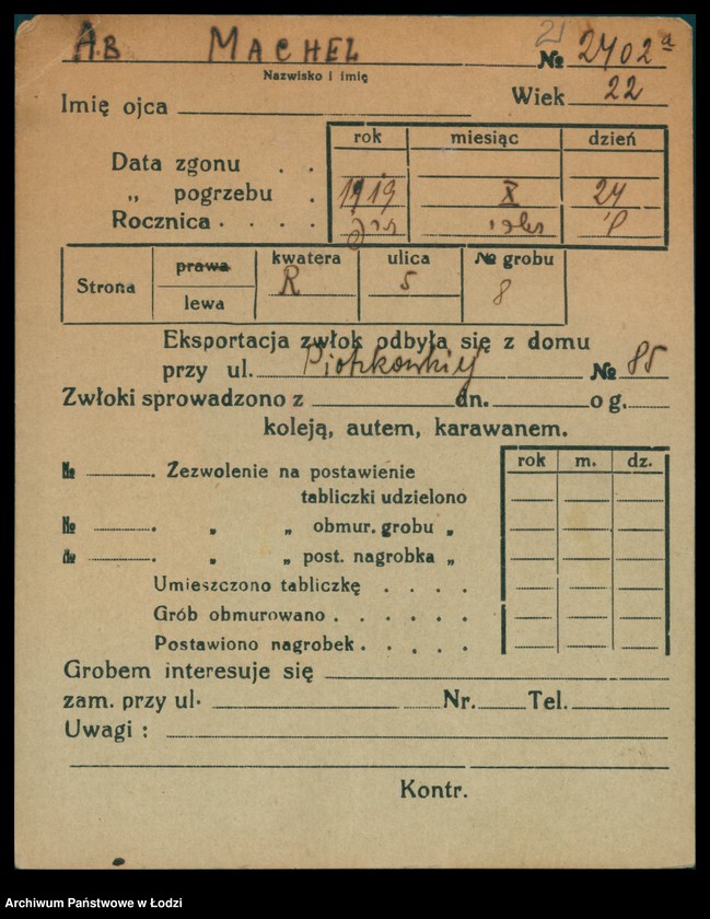 Obraz 3 z jednostki "Kartoteka osób pochowanych na cmentarzu żydowskim przy ulicy Brackiej w latach 1892-1959. Nazwiska na literę A"