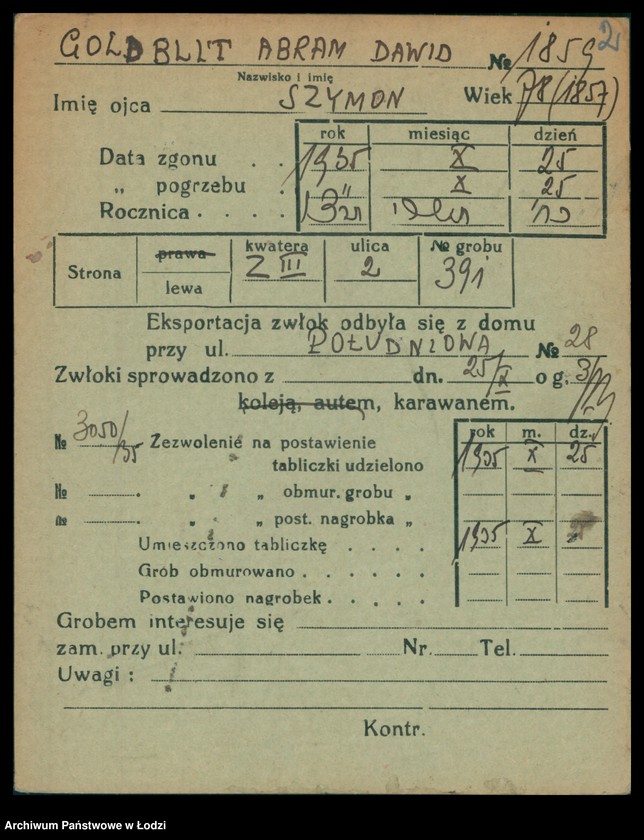 Obraz 3 z jednostki "Kartoteka osób pochowanych na cmentarzu żydowskim przy ulicy Brackiej w latach 1892-1954. Nazwiska na litery: Goldbl-Goldsz"