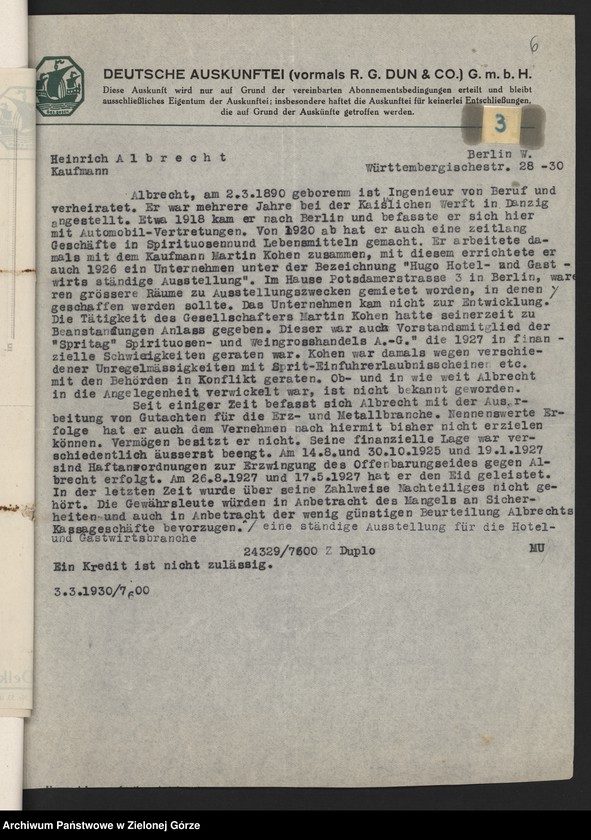 image.from.unit.number "[Informacja przemysłowo-handlowa agencji Deutsche Auskunftei z lat 1926-1932 dot. danych przedsiębiorstw korzystających z usług książęcego urzędu Budowlanego w Żaganiu]"