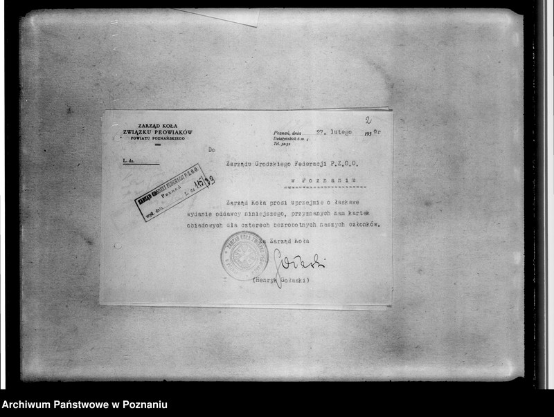 image.from.unit.number "Korespondencja z Zarządem Koła Związku Powiatów powiatu poznańskiego: skład zarządu, korespondencja w sprawie wydania bonów obiadowych dla bezrobotnych członków związku - sprawy finansowe"