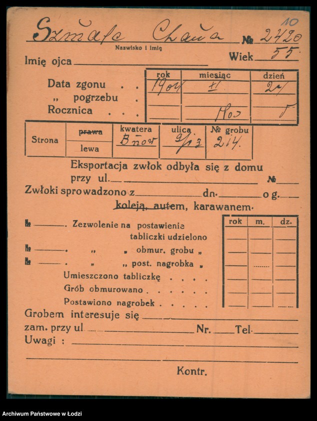 Obraz 11 z jednostki "Kartoteka osób pochowanych na cmentarzu żydowskim przy ulicy Brackiej w latach 1892-1957. Nazwiska na litery: Szn-Szt"