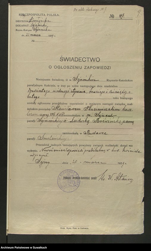 image.from.unit.number "Dokumenty Do aktów zaślubionych Smolańskiej R.K. Paraji za 1929 rok"