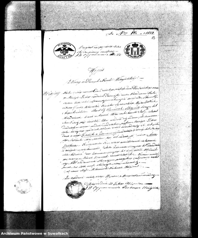 image.from.unit.number "Dowody do Aktów Małżeństw Parafij Ewangelickiej Wiżayny za rok 1852."
