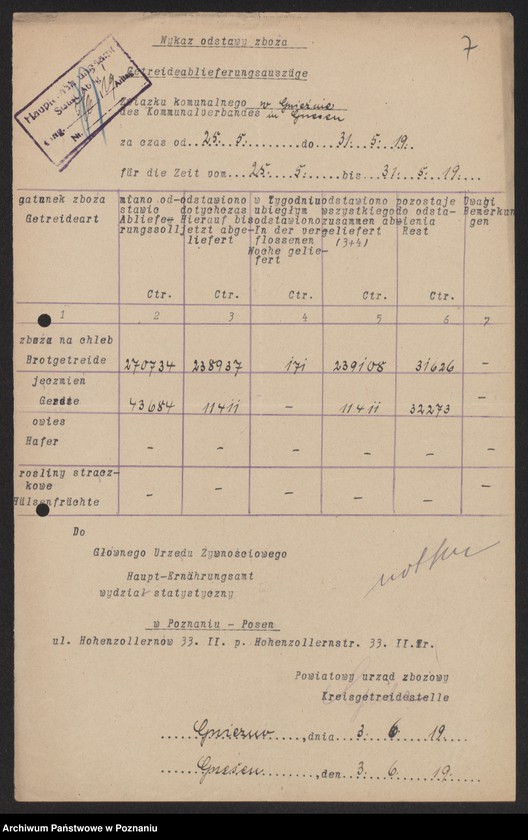 Obraz 9 z jednostki "[Wykazy odstawionego zboża przez Związek Komunalny w Gnieźnie]"