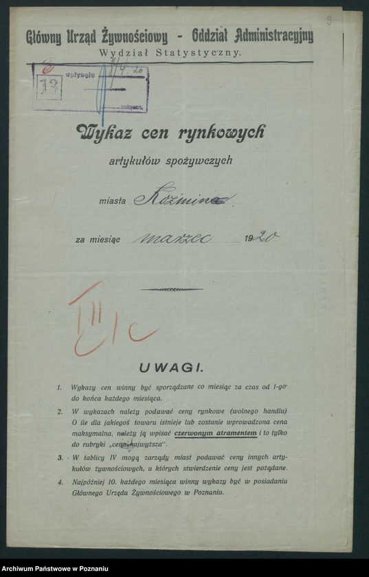 Obraz 9 z jednostki "[Wykaz cen rynkowych artykułów spożywczych w poszczególnych miastach Województwa Poznańskiego za miesiąc marzec 1920]"