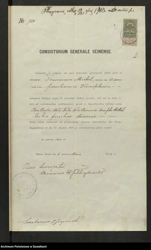image.from.unit.number "Dokumenty k" bračnym" aktam" Smolânskago Rimsko-Katoličeskago Filὶala c" 1913 goda."