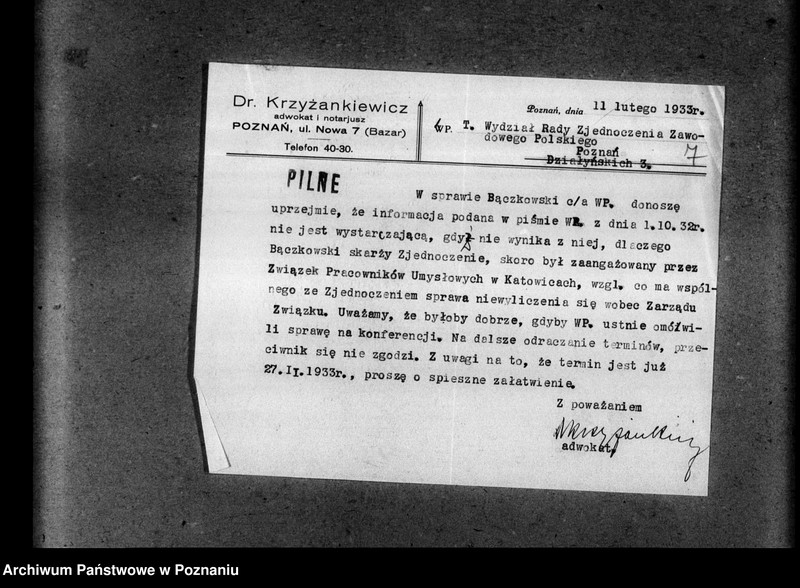 Obraz 11 z jednostki "Sprawa sporna - Zjednoczenie Zawodowe Polskie c/a Bączkowski- akta procesowe"