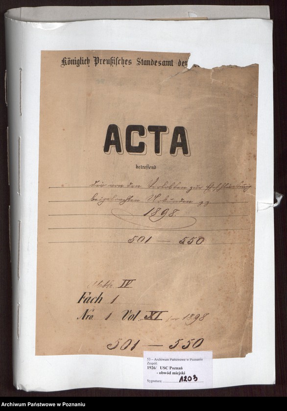 Obraz 2 z jednostki "Die von den Verlobten beigebrachten Urkunden zur Eheschliessung pro 1898"