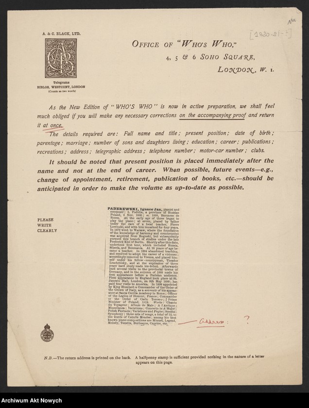 image.from.unit.number "Artykuły słowników biograficznych i encyklopedii. Korespondencja dla ustalenia danych biograficznych I. J. Paderewskiego"