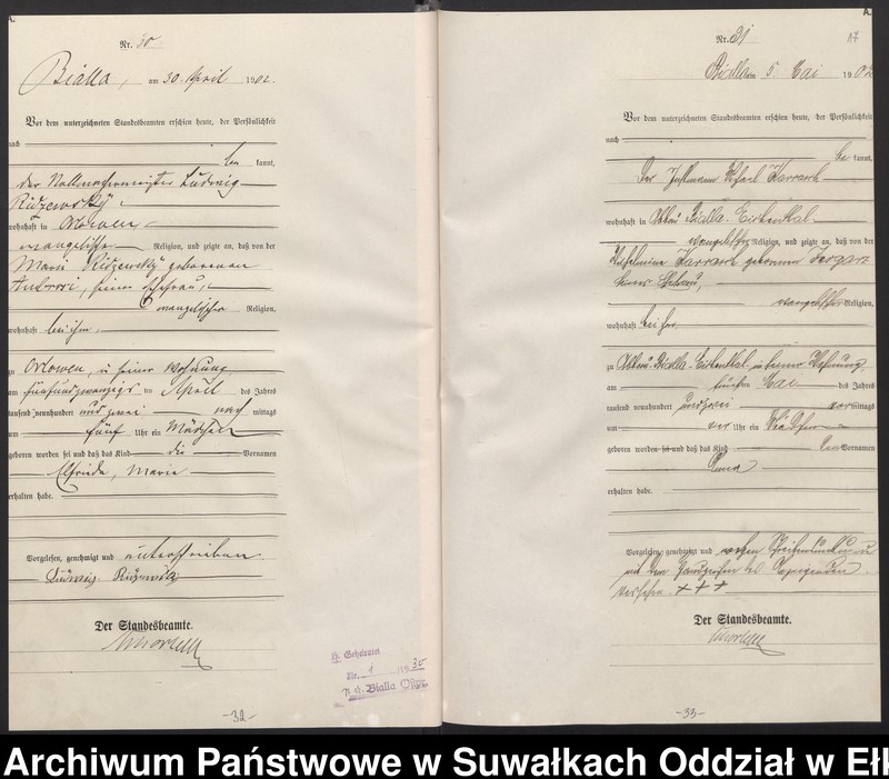 image.from.unit.number "Geburts-Haupt-Register des Königlichen Preussischen Standes-Amtes Bialla Kreis Johannisburg"