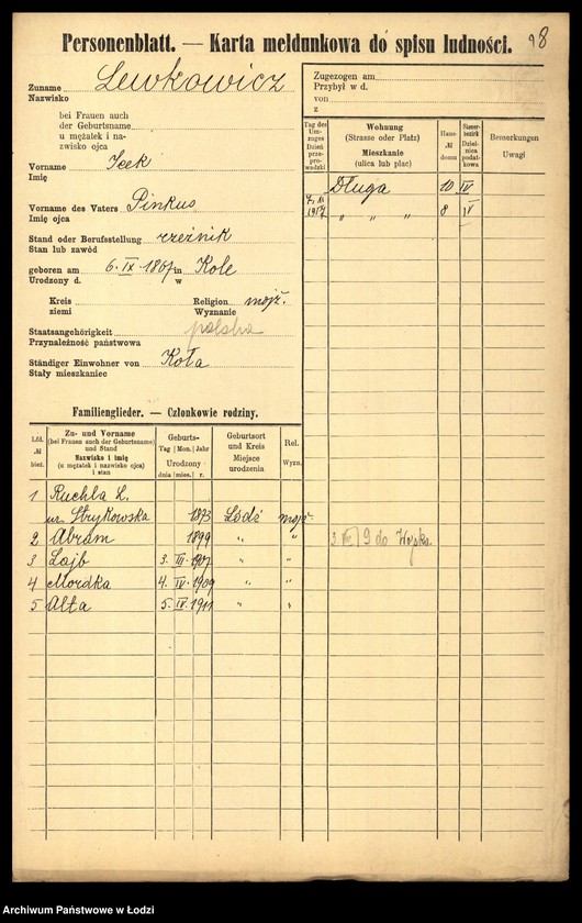 Obraz 20 z jednostki "[Spis ludności Łodzi] Lewkowicz"
