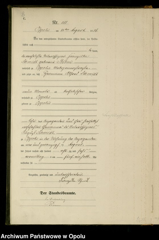 Obraz 11 z jednostki "Urząd Stanu Cywilnego w Opolu 1886 Rejestr zgonów Księga Miejscowa Nr 301 do 460"