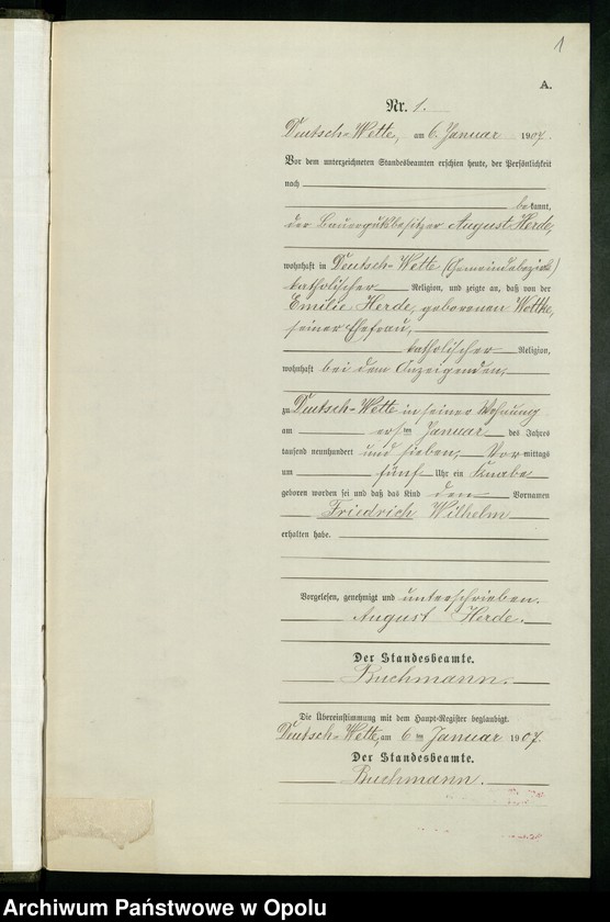 Obraz 5 z jednostki "Geburts-Neben-Register des Standesamts Deutsch Wette pro 1907"