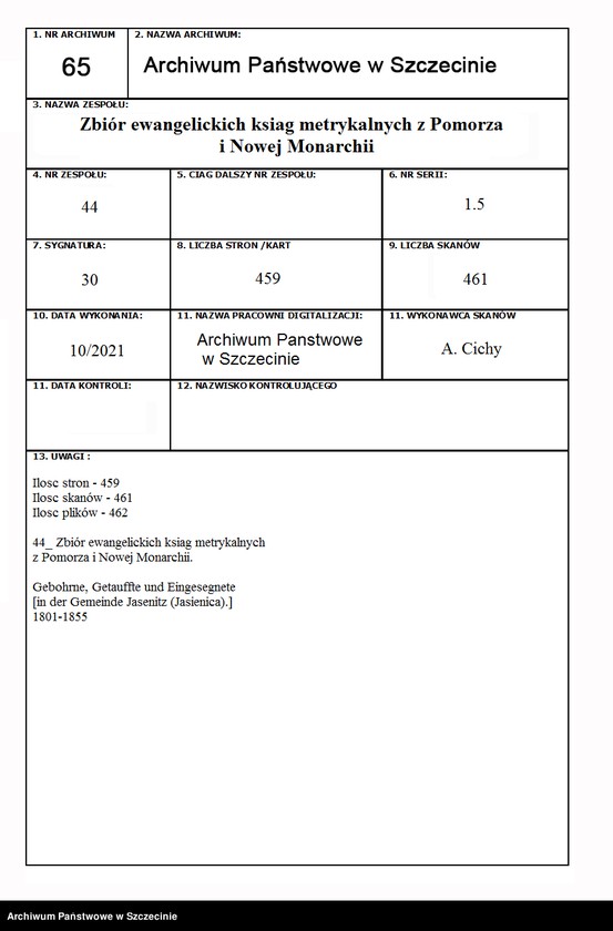 image.from.unit.number "Gebohrne, Getauffte und Eingesegnete [in der Gemeinde Jasenitz (Jasienica).]"