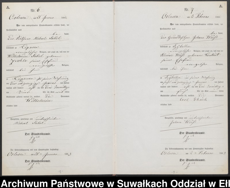 Obraz 8 z jednostki "Geburts-Neben-Register des Preussischen Standes-Amtes Orlowen Kreis Loetzen für das Jahr 1883"