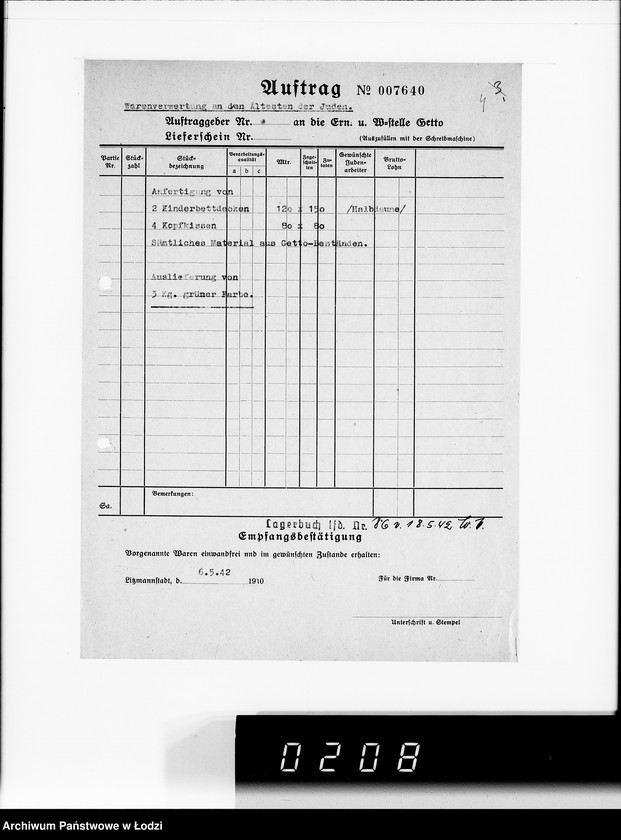 Obraz 8 z jednostki "Warenverwertung am Lager 99. [Aufträge] 7601-7640"