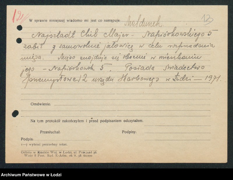 Obraz 15 z jednostki "[Akta XIII Komisariatu Milicji Obywatelskiej - protokoły i meldunki z zajść ulicznych, kradzieży, poszukiwań zaginionych]"