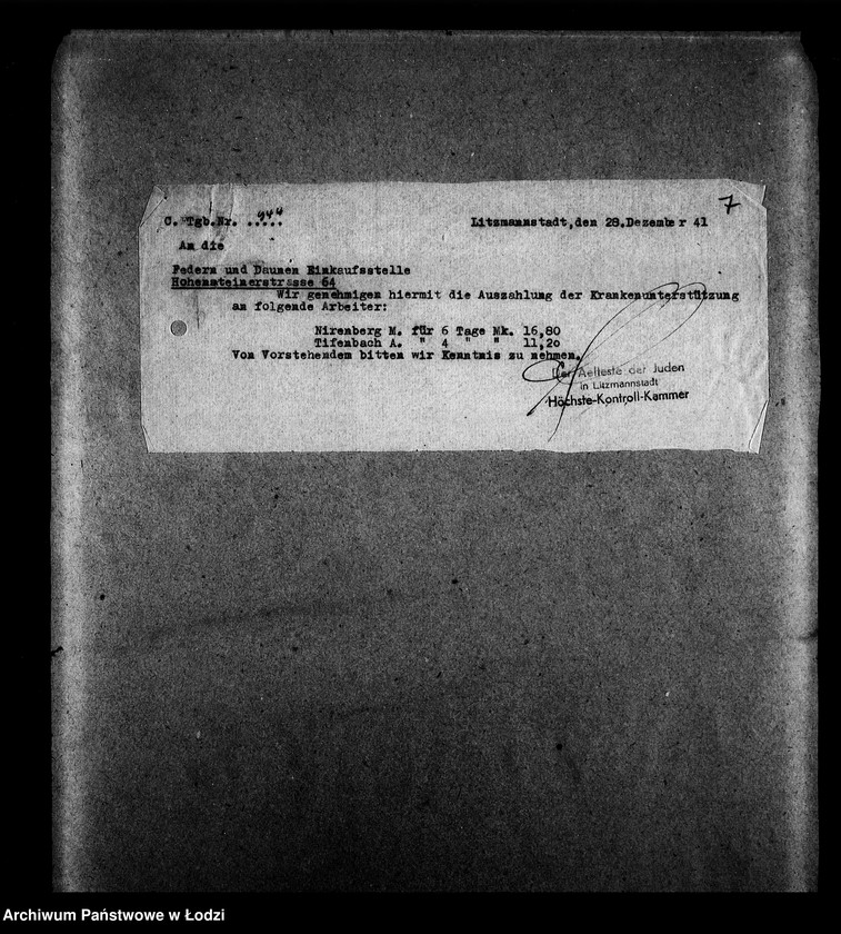 Obraz 7 z jednostki "Federn-und Daunen Abteilung [Zasiłki chorobowe dla pracowników wydziału, zaświadczenia lekarskie, listy pracowników]"