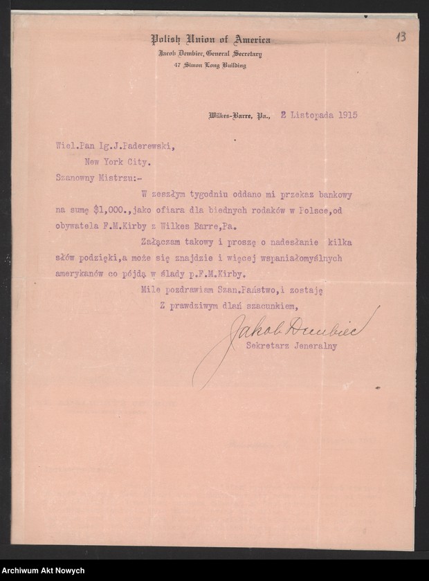 image.from.unit.number "Korespondencja organizacji polonijnych i osób prywatnych ze Stanów Zjednoczonych do I. J. Paderewskiego w sprawie pomocy dla ofiar wojny w Polsce"