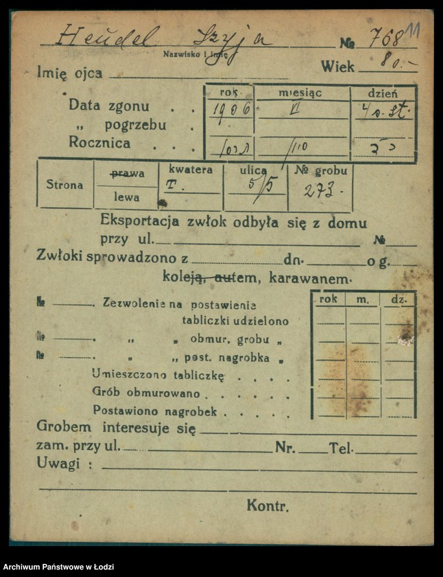 Obraz 12 z jednostki "Kartoteka osób pochowanych na cmentarzu żydowskim przy ulicy Brackiej w latach 1892-1955. Nazwiska na litery: Helmi-Hey"