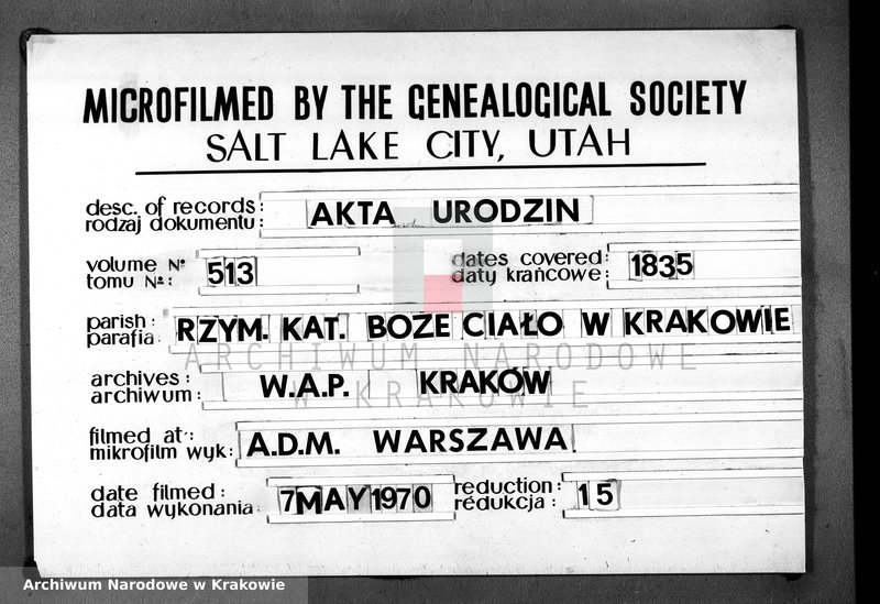 Obraz 1 z jednostki "Księga Aktow Urodzenia i Uznania parafii S Floryana na Rok 1835"