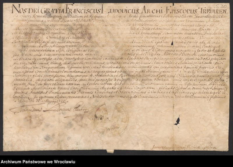 Obraz 2 z jednostki "Franciszek Ludwik, biskup wrocławski, mianuje Alberyka Hilbrich, profesa lubiąskiego, nowym plebanem w Wilkszynie (Wilxen)."