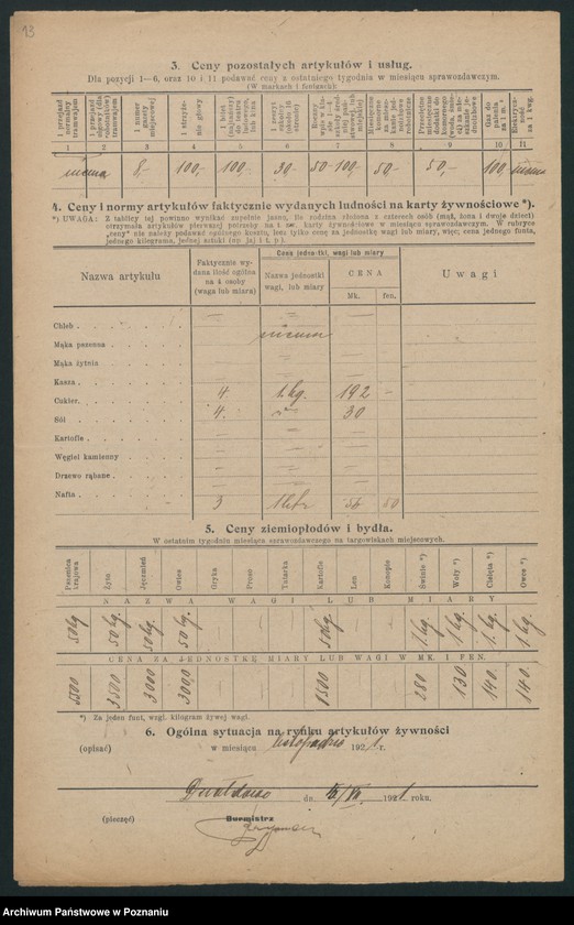 Obraz 12 z jednostki "[Wykazy cen rynkowych na artykuły spożywcze w poszczególnych miastach Województwa Pomorskiego za miesiąc listopad 1921 roku]"