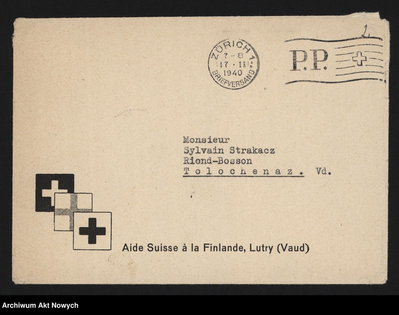image.from.unit.number "Aide Suisse à la Finlande; Załączniki: a) apel "Aux amis de la Finlande!" z dn. 15 IV 1940 r. (druk); b) "Aidez les Finlandais! Appel a tous les amis de la Finlande!" (druk); c) przekaz pocztowy "Aide Suisse a la Finlande""