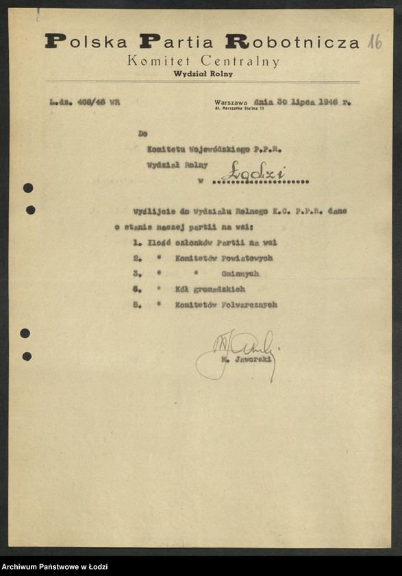 Obraz 17 z jednostki "Korespondencja [Wydziału z Wydziałem Rolnym] Komitetu Centralnego"