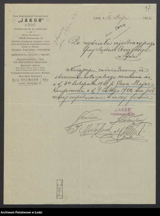 Obraz 19 z jednostki "„Jakor – M. Drewnowski, S. Nowicki, S. Weinberg” – Biuro ekspedycyjno-transportowe spółka komandytowa"