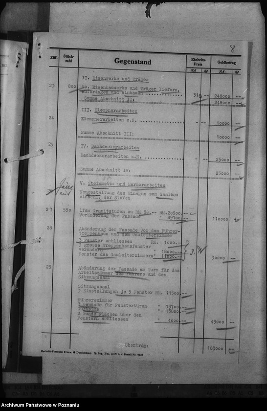 Obraz 12 z jednostki "Kostenvoranschlag. Neugestaltung des Schlosses zu Posen"