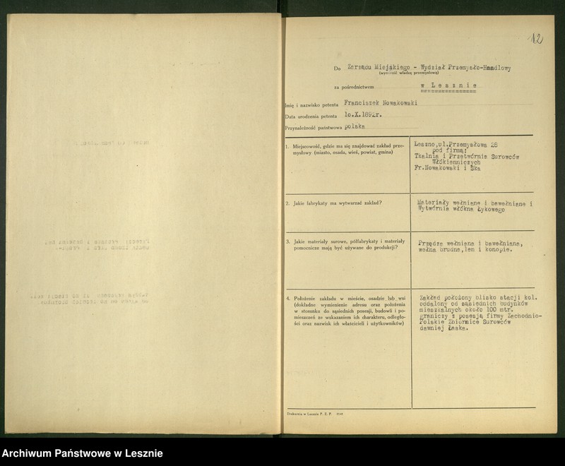 Obraz 11 z jednostki "[Przetwórnia Surowców Włókienniczych - Franciszek Nowakowski - rejestracja]"