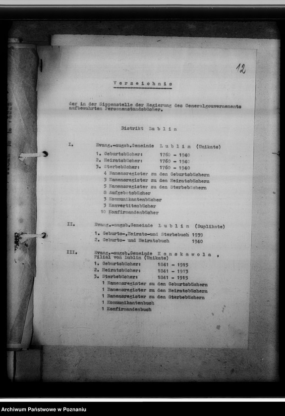 Obraz 16 z jednostki "Verzeichnis der, in der Sippenstelle der Regierungs des Generalgouvernements aufbewahrten Personenstandsbücher [wykaz, korespondencja]"