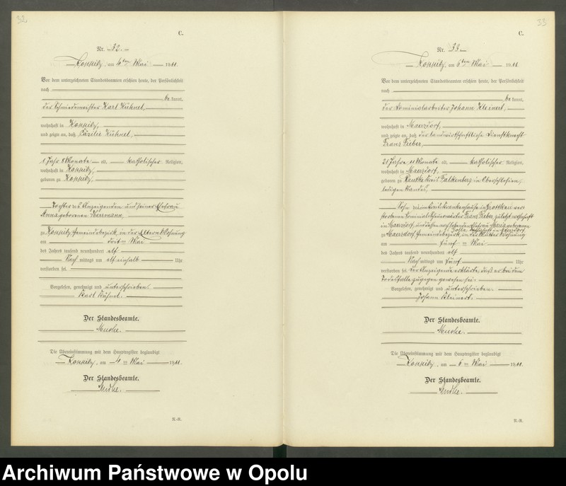 Obraz 19 z jednostki "Sterbe-Register (Neben-Register) Standesamt Koppitz 1911 No. 1 bis 72"