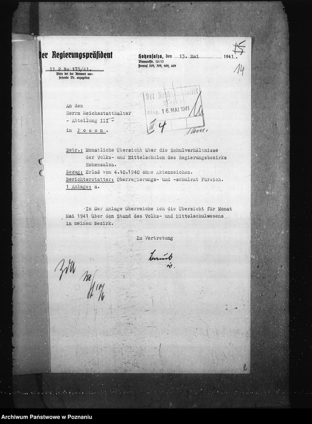 Obraz 18 z jednostki "Monatliche übersichten über die Schulverhältnisse- Regierungsbezirk Hohensalza (Inowrocław)"