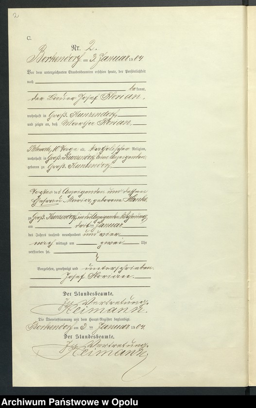 Obraz 6 z jednostki "Sterbe-Neben-Register des Standesamts Borkendorf pro 1904"