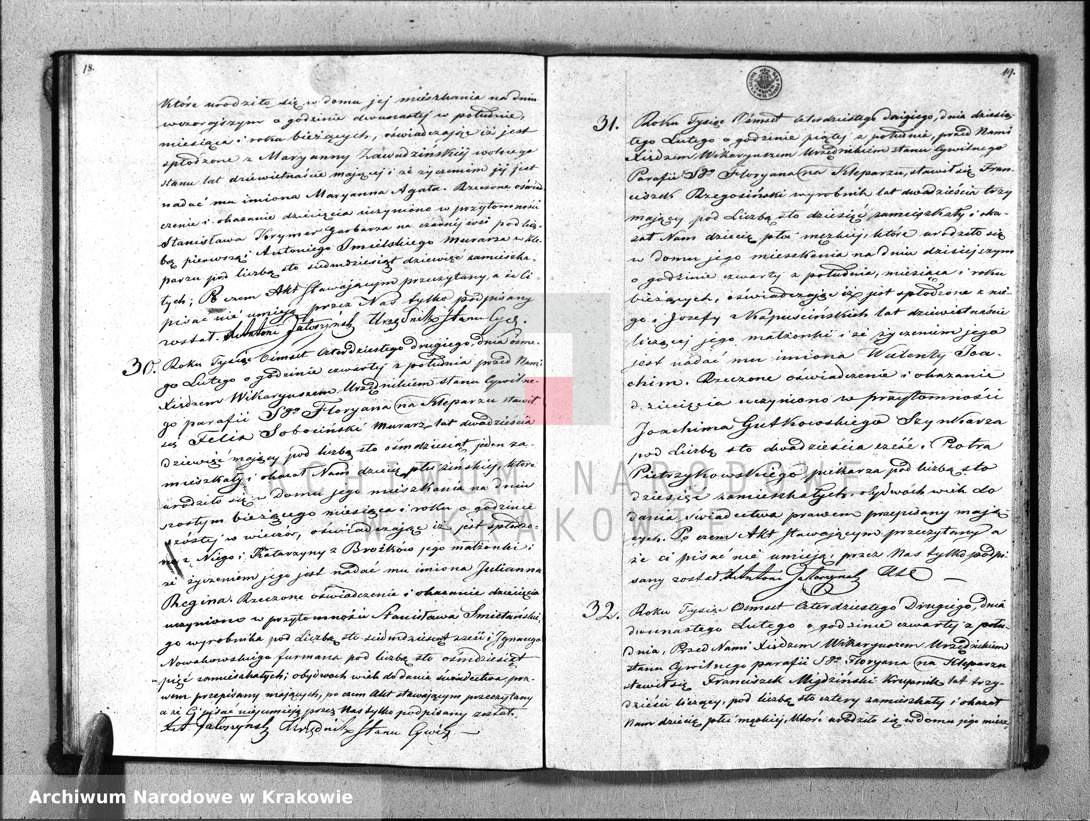 Skan z jednostki: Księga Aktów Urodzenia i Uznania Parafii Sgo Floryana Na Rok 1842