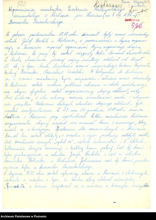 Obraz 11 z jednostki "Relacje i wspomnienia dotyczące powstania wielkopolskiego: 1. Kiełczewo, powiat Kościan, województwo poznańskie, 2. Kłecko, powiat Gniezno, województwo poznańskie, 3. Kościan, powiat Kościan, województwo poznańskie, 4. Kobylin, powiat Krotoszyn, województwo poznańskie, 5. Kowalewo, powiat Pleszew, województwo poznańskie, 6. Koźmin, powiat Turek, województwo poznańskie. Zdjęcia: s.64 - fotografia autora relacji."
