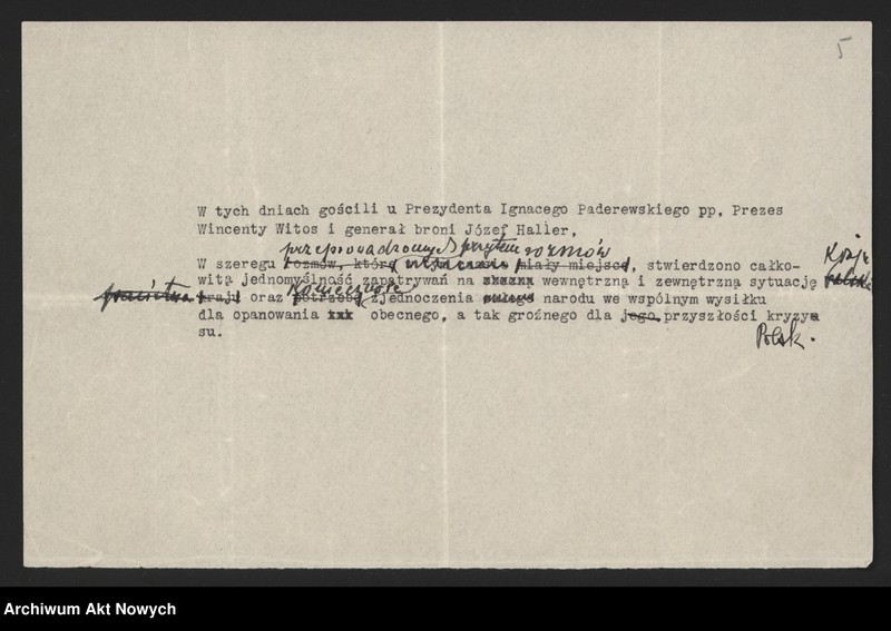 image.from.unit.number "Zjazd w Morges. Komunikaty, projekt oświadczenia I. J. Paderewskiego (rękopis W. Witosa), uchwała"