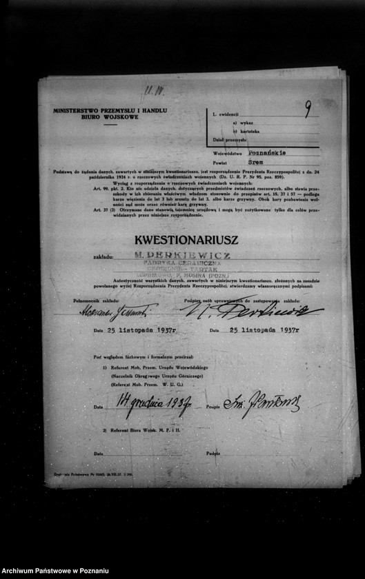 Obraz 13 z jednostki "Kwestionariusz Fabryki ceramicznej , cegielni i tartaku M. Perkiewicza w Ludwikowie powiat śremski"