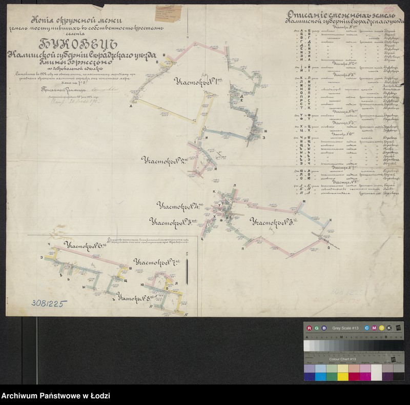 Obraz 1 z jednostki "Kopija okružnoi meži zemel´ postupivšich´ v´ sobstvennost´ krest´jan´ selenija Bukovec´ ... sěradzkago uezda, gminy Bržez´no po dobrovolnoi sdělkě"