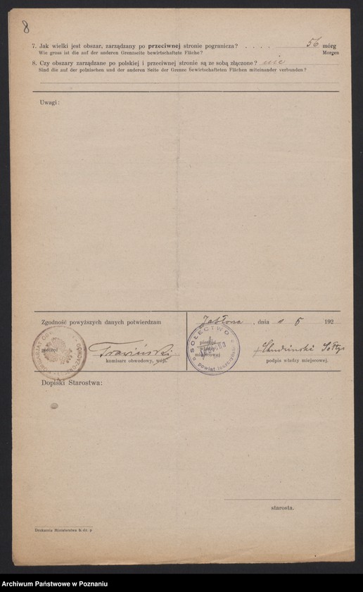 Obraz 8 z jednostki "[Kwestionariusze dotyczące stwierdzenia gruntów znajdujących się po polskiej stronie pogranicza a zarządzanych przez zamieszkałych po stronie niemieckiej] powiat leszczyński"