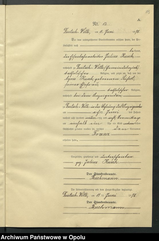 Obraz 17 z jednostki "Geburts-Neben-Register des Standesamts Deutsch Wette pro 1898"
